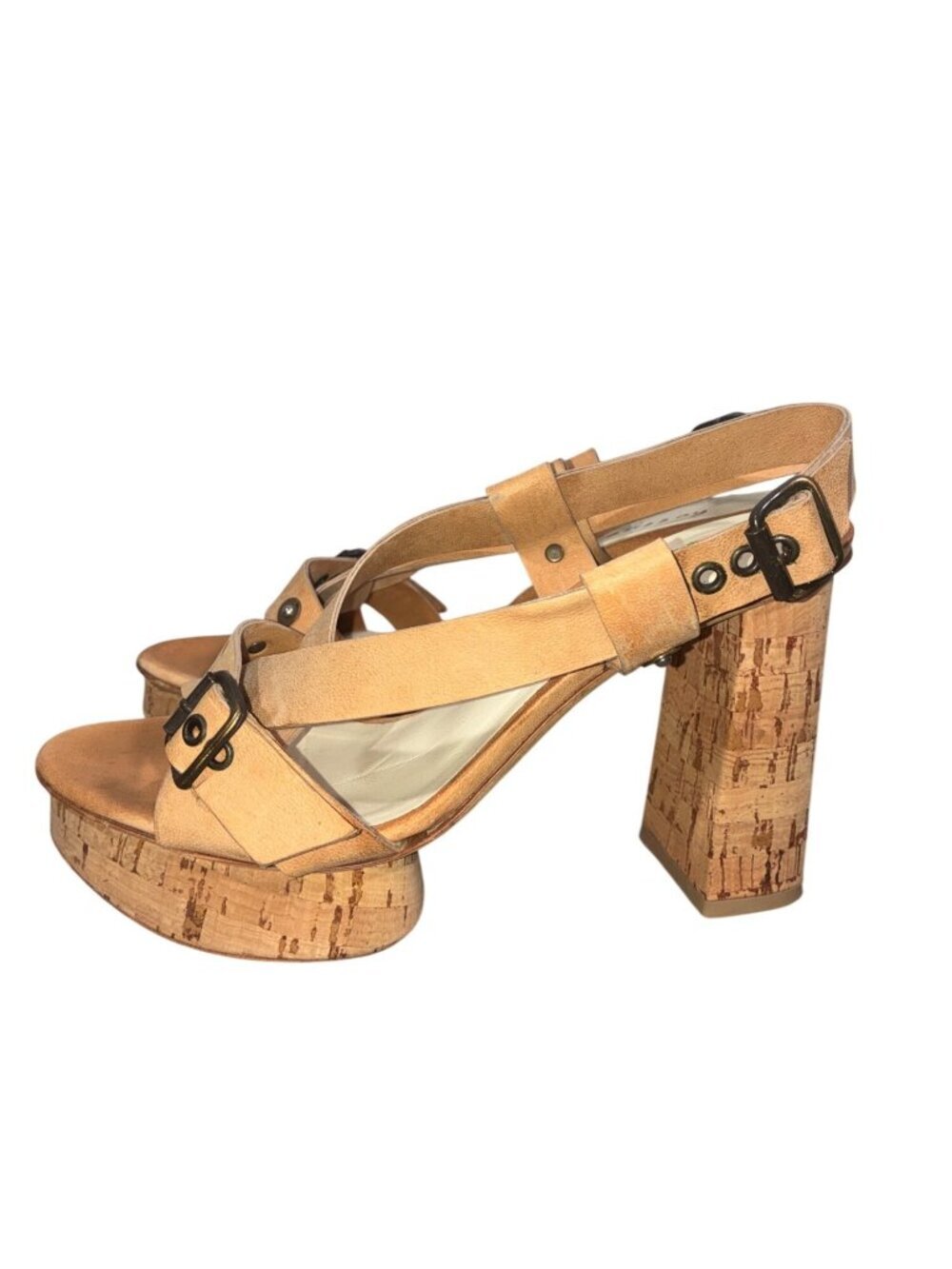 Bettye Muller Tan Leather Platform Sandals Cork Block Heels Made In Italy EU 7.5